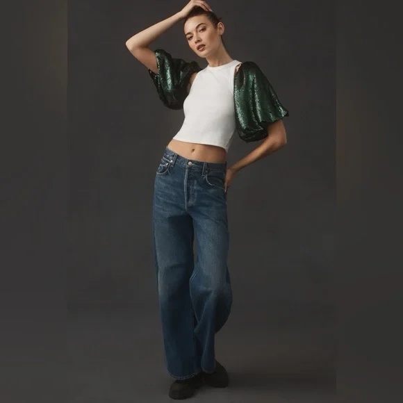 ✨ NWOT Anthropologie Emerald Sequin Sleeves - Picture 4 of 8